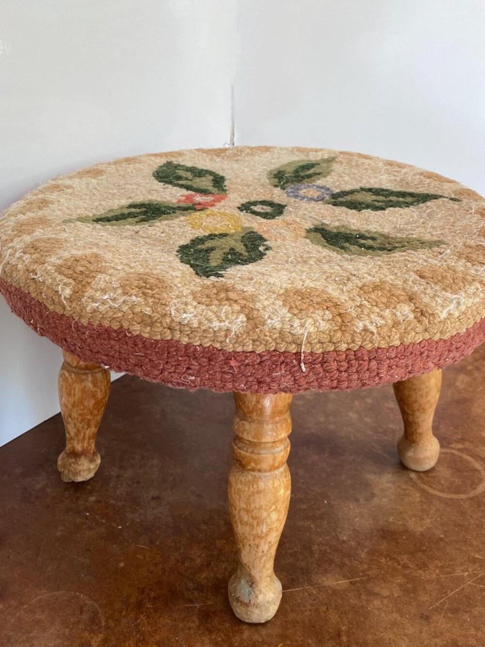Antique Wood Hooked Needlepoint Rug Footstool Ottoman B. T. Crump Co. Cottage